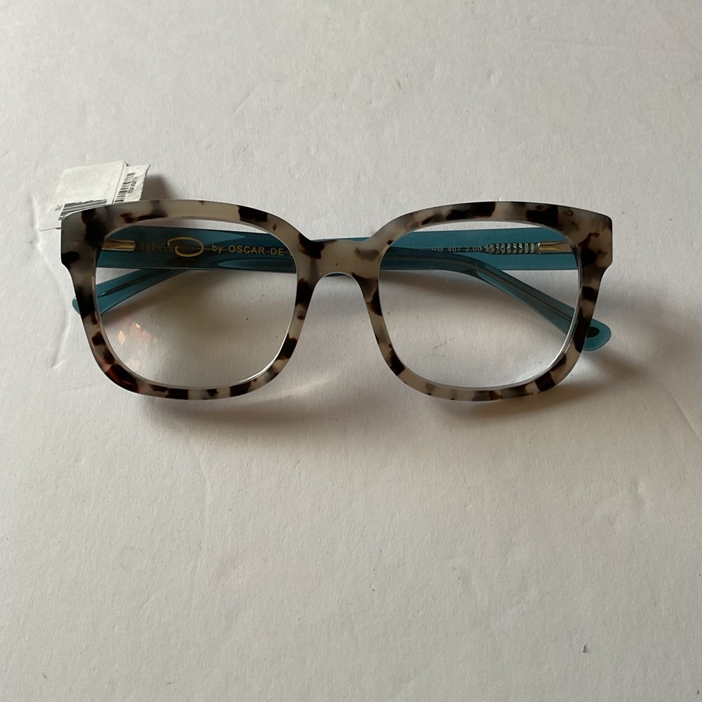 OSCAR DE LA RENTA READING GLASSES +2.00  GREY TORTOISE TEAL NWT WITH CASE